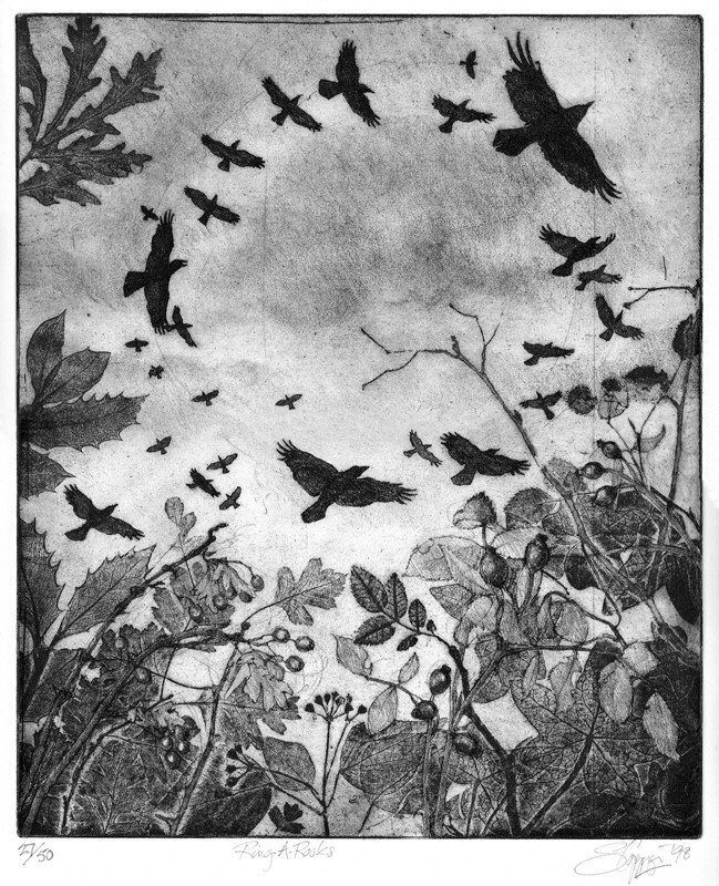 Rooks circling over the hedgerow - Soft Ground Etching - Monochrome